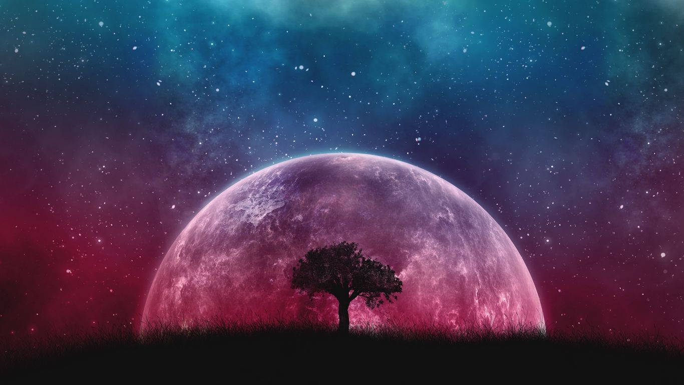 Pastellfarbenegalaxie Mit Mond Und Baum Wallpaper