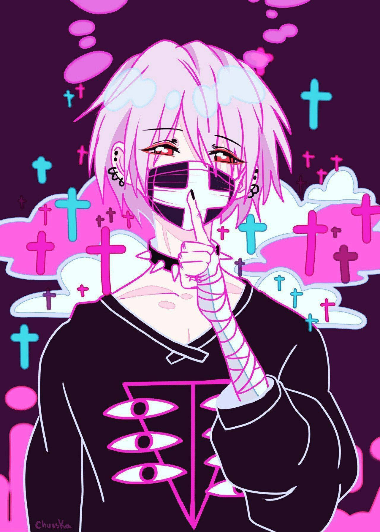 Download Pastel Goth Anime Boy With Mask Wallpaper 