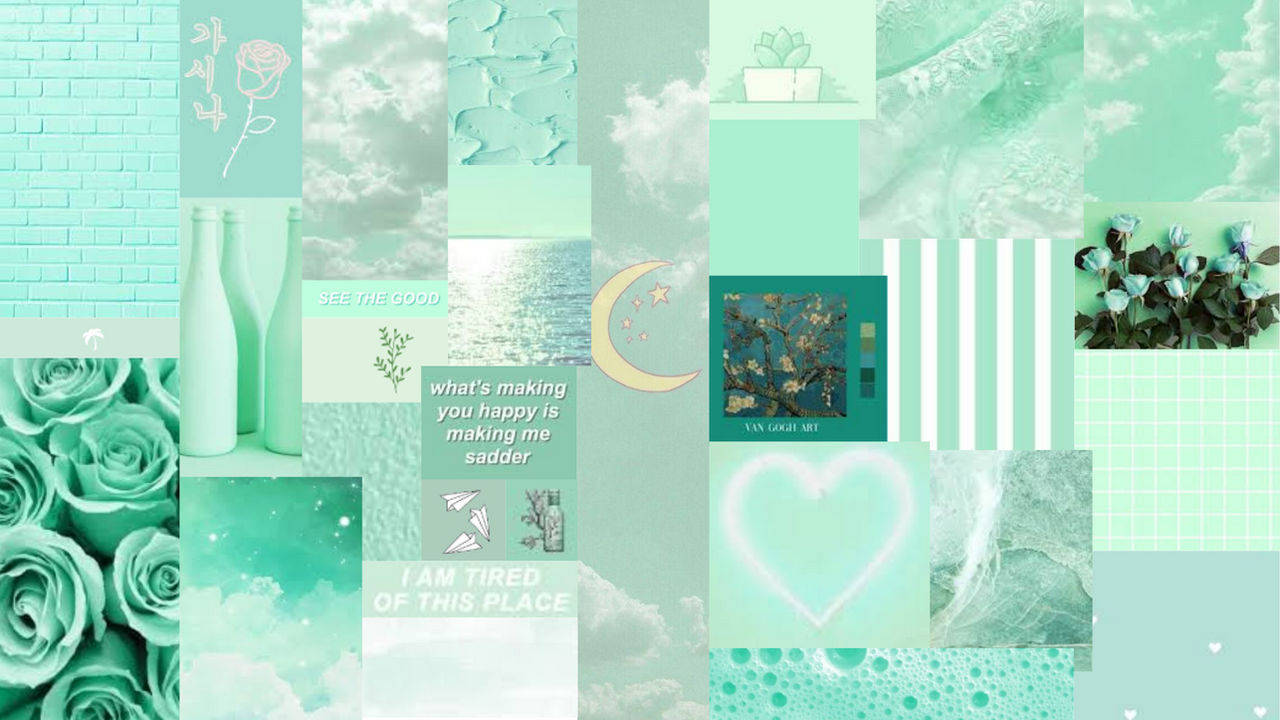 A Green And White Collage With Flowers And Hearts Wallpaper