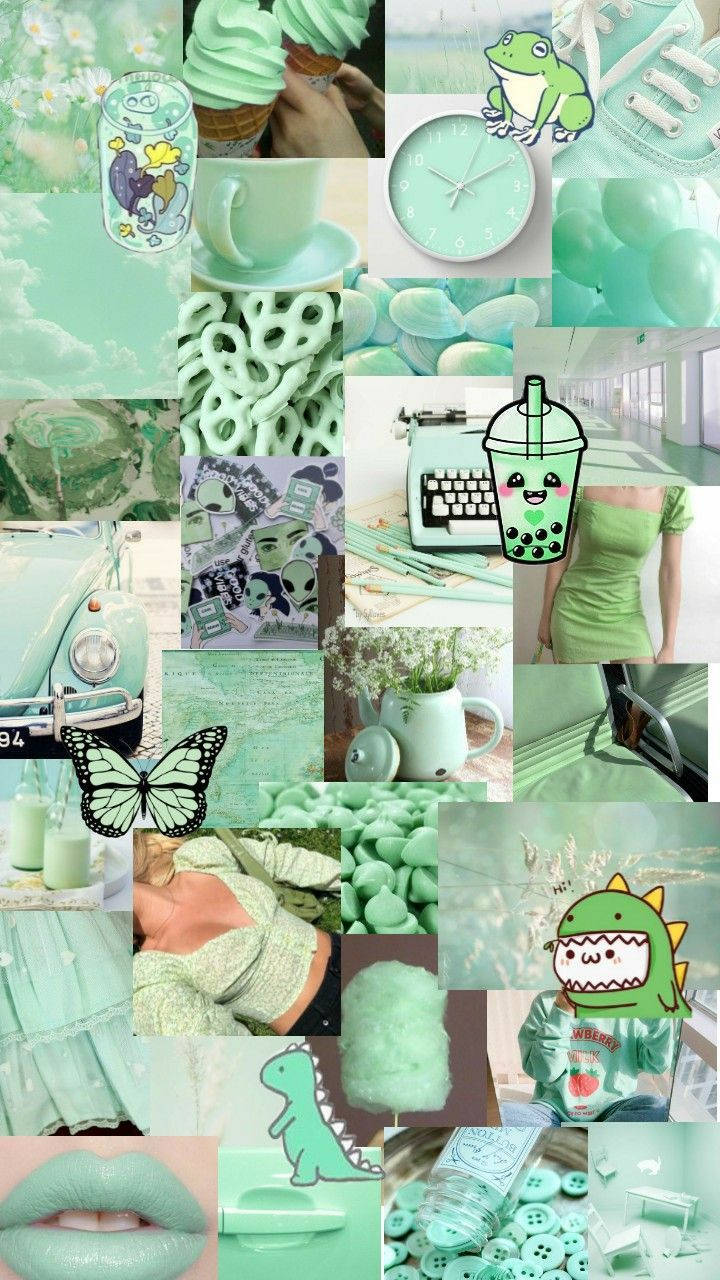 A Collage Of Pictures Of Green And Blue Items Wallpaper