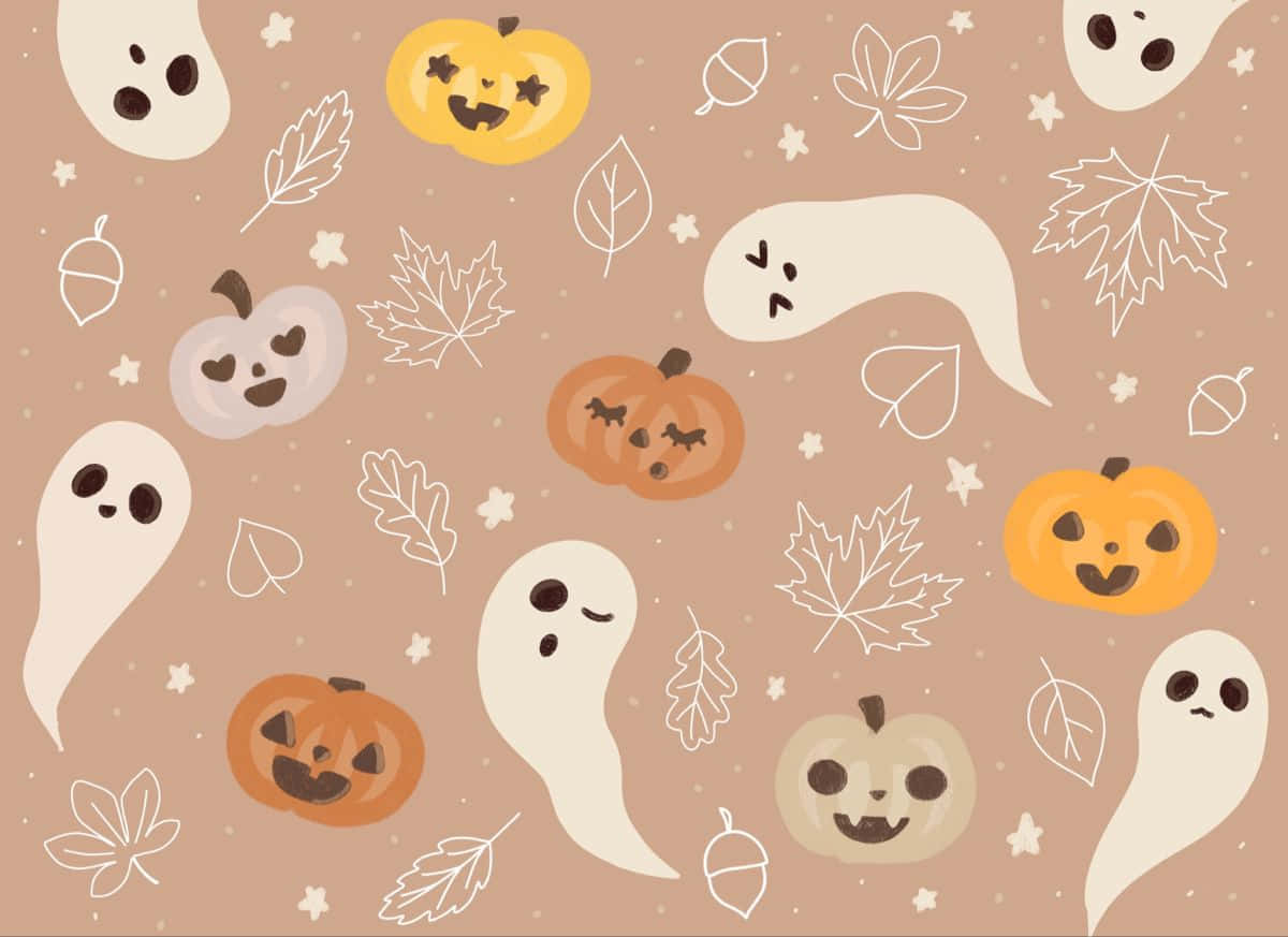 Pastel Halloween Pattern Ghosts Pumpkins Leaves Wallpaper