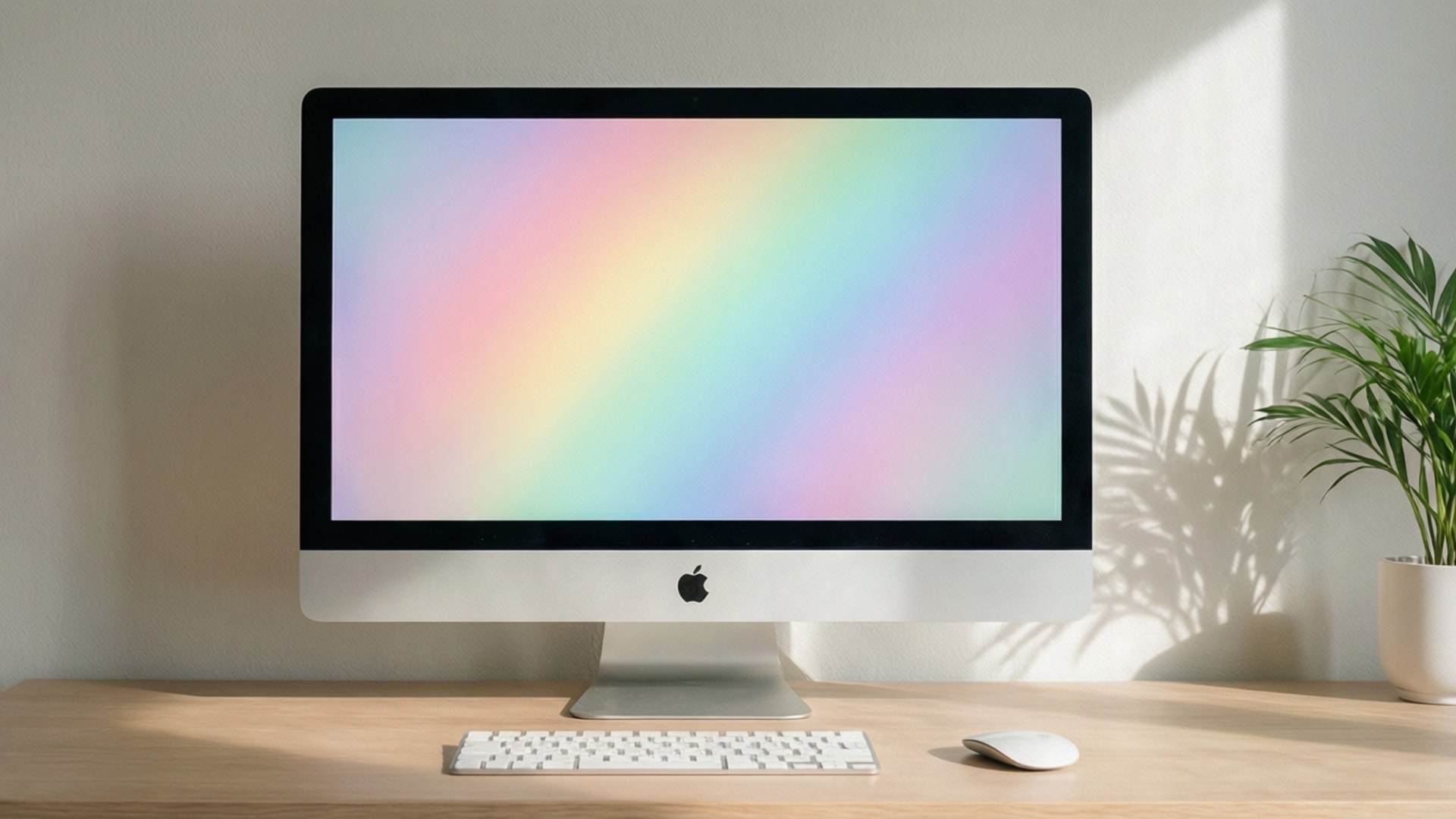 En blød pastelbaggrund af en iMac med en regnbuegradientskærm.