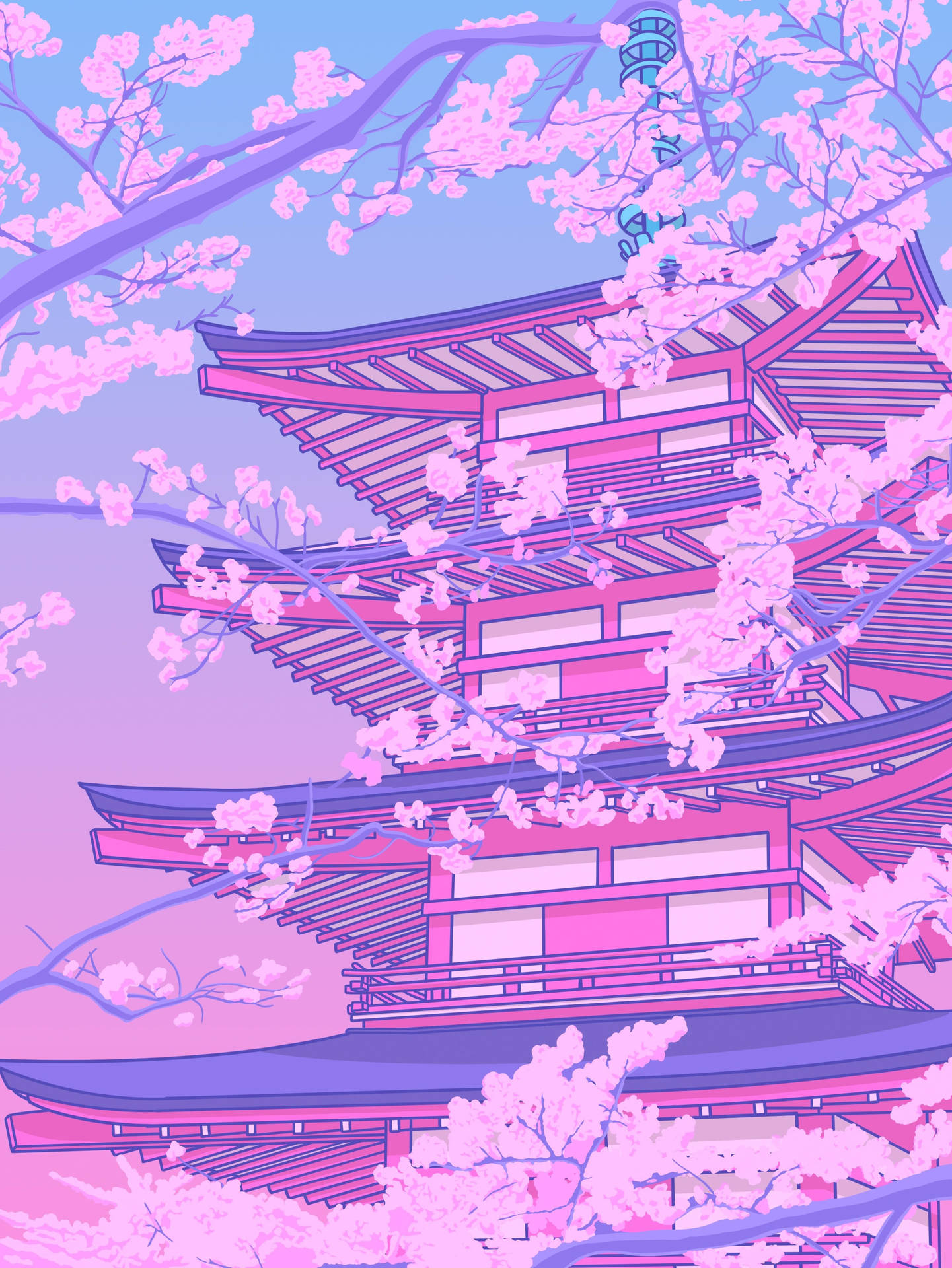 Estéticajaponesa En Tonos Pastel Con Pagoda Rosa Fondo de pantalla