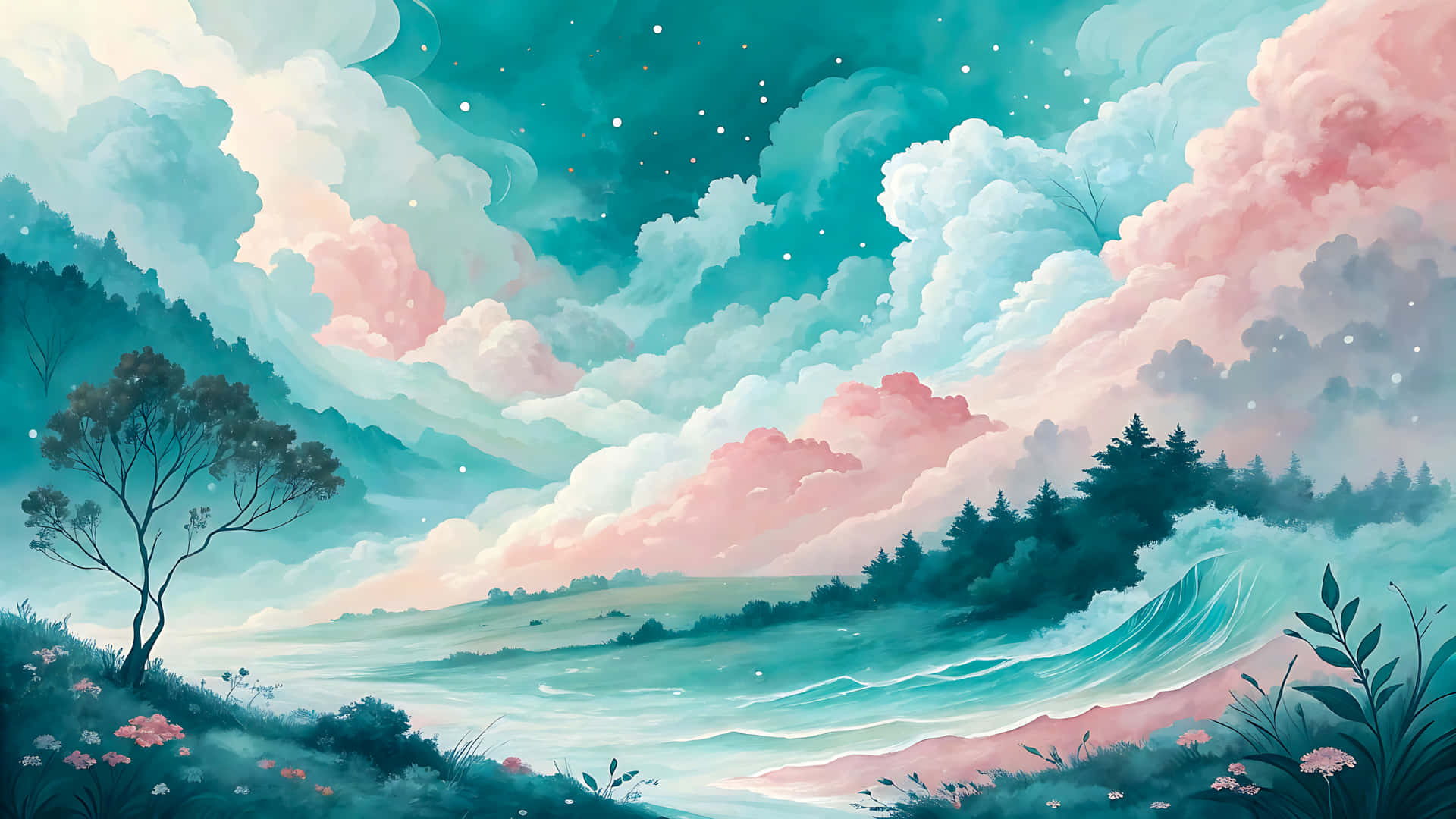 Pastel Landscape With Clouds, Hills, And Trees In A Serene Atmosphere Wallpaper