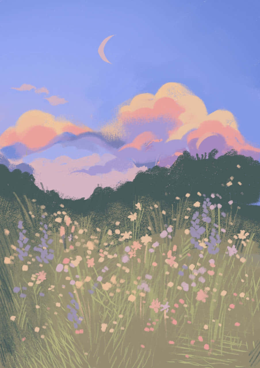 Pastel Meadow Twilight Illustration Wallpaper
