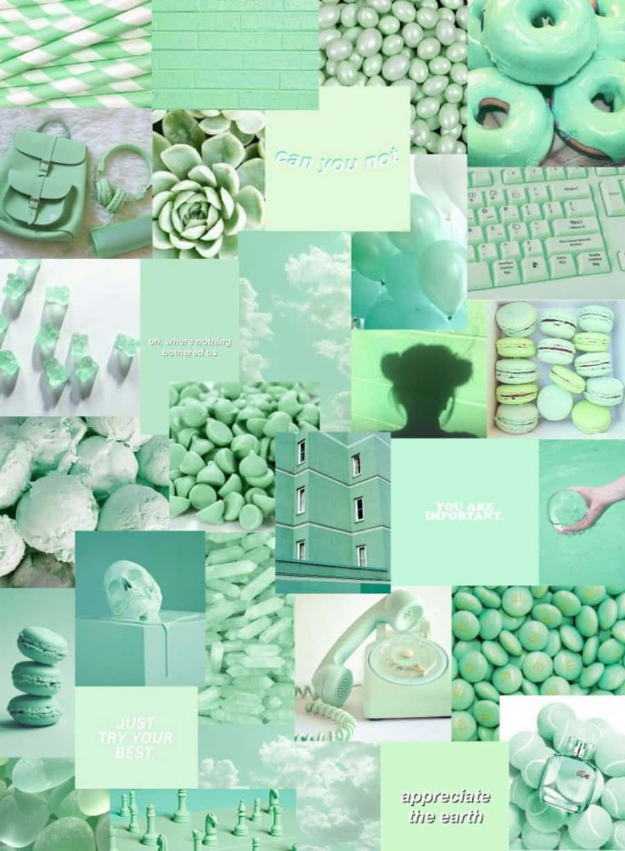 A Collage Of Mint Green And White Items Wallpaper