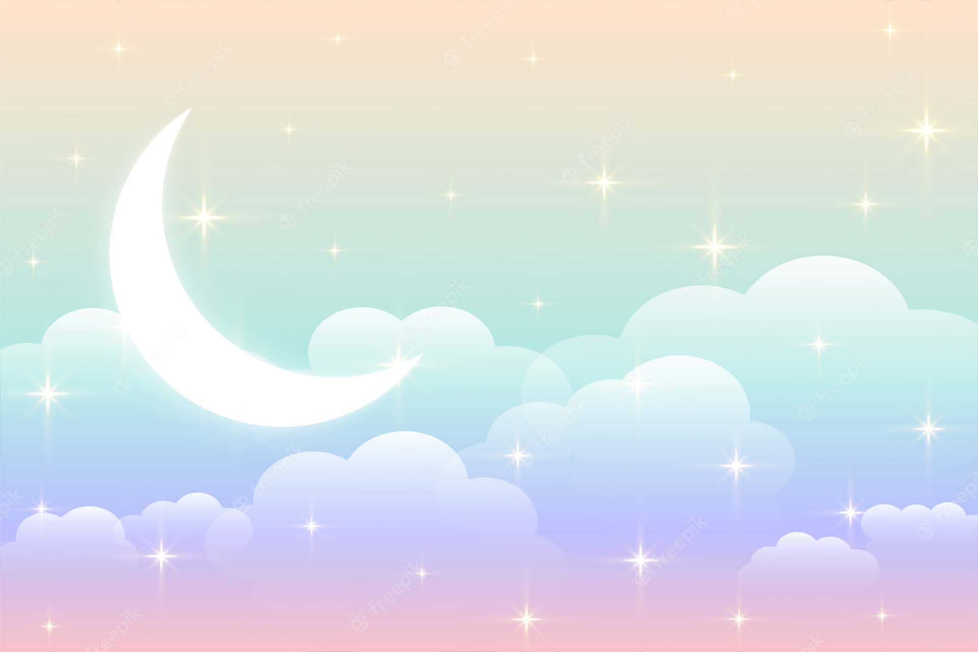 A whimsical moon hangs peacefully in the night sky, its pastel glow adding a beautiful dash of color to the darkness. Wallpaper