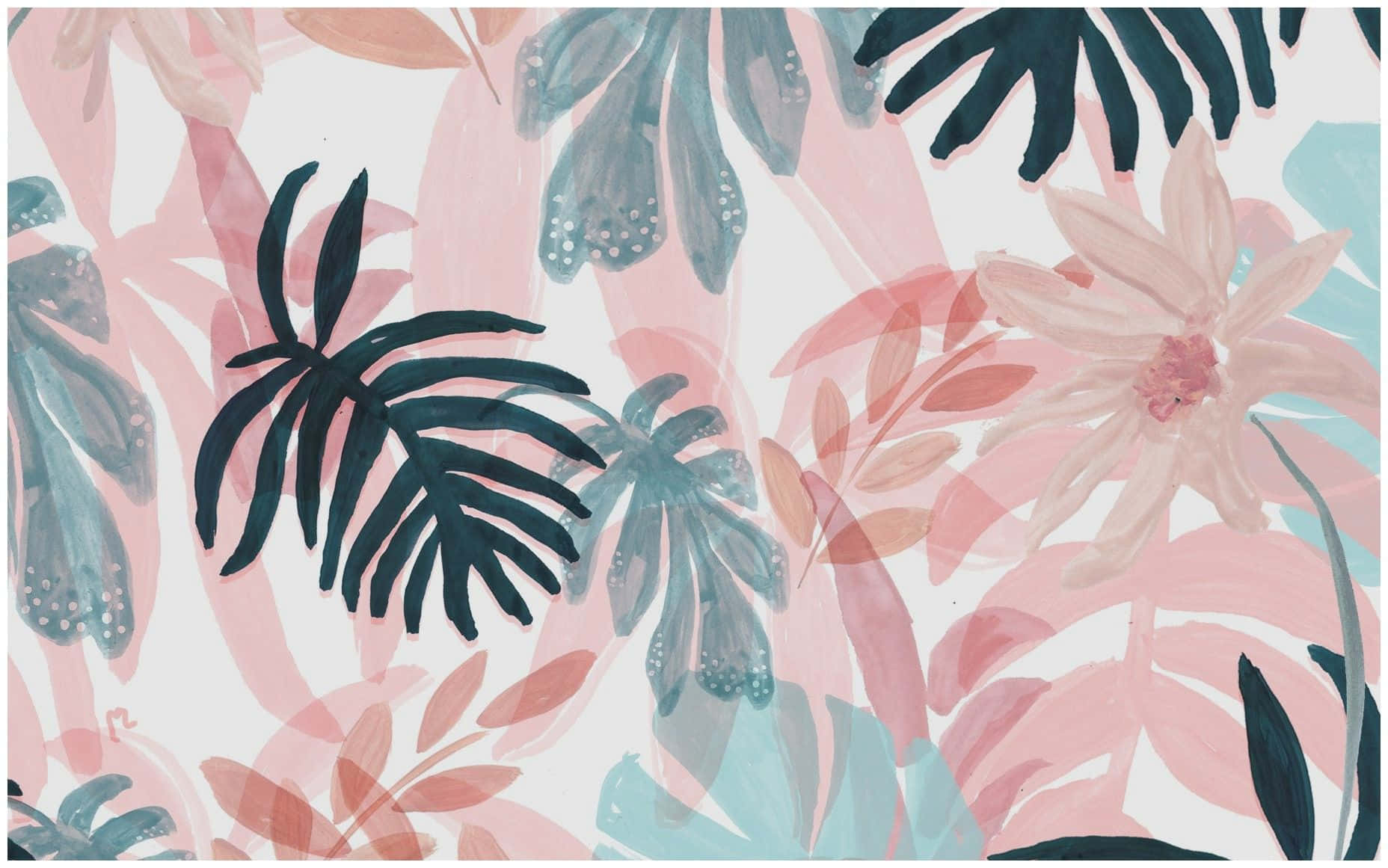 Tropical Leaves Pastel Pink Aesthetic Computer Wallpaper