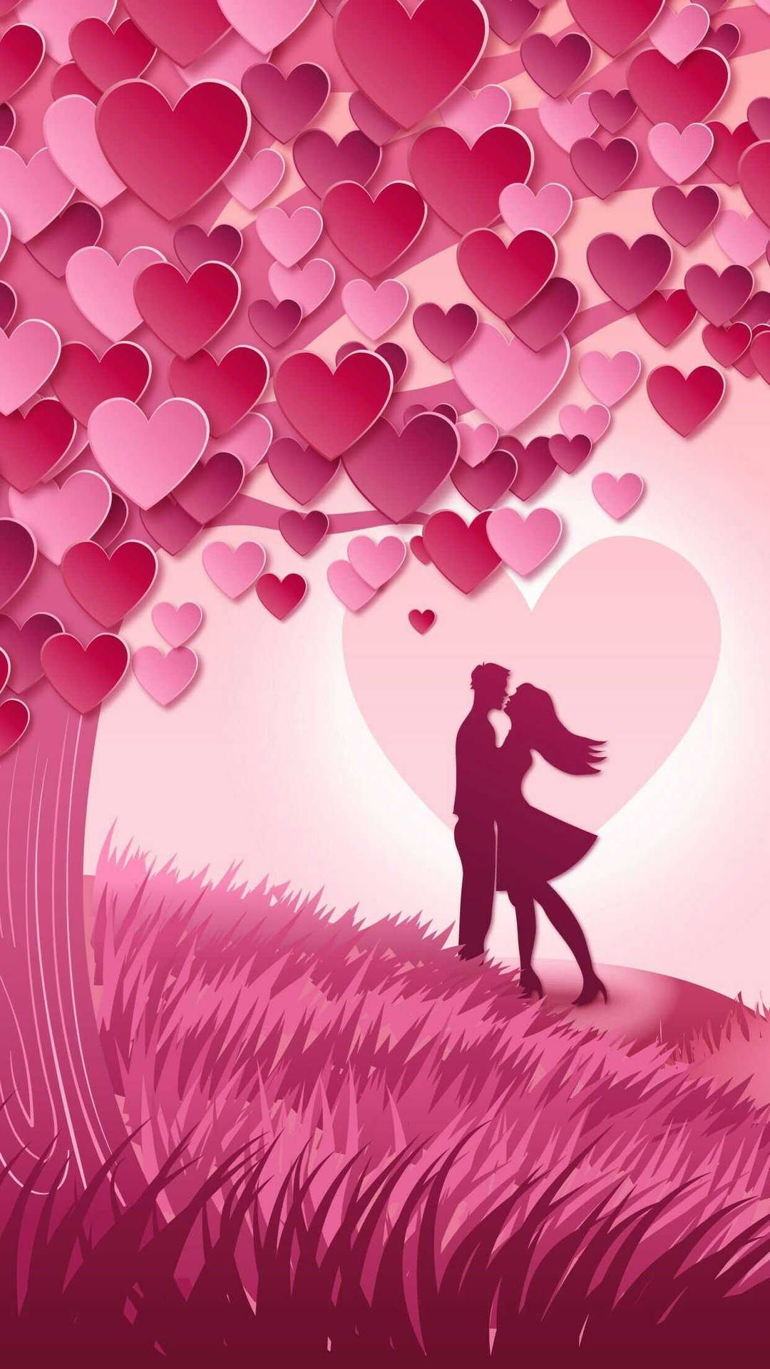 Pastel Pink Heart With Couple Kissing Wallpaper