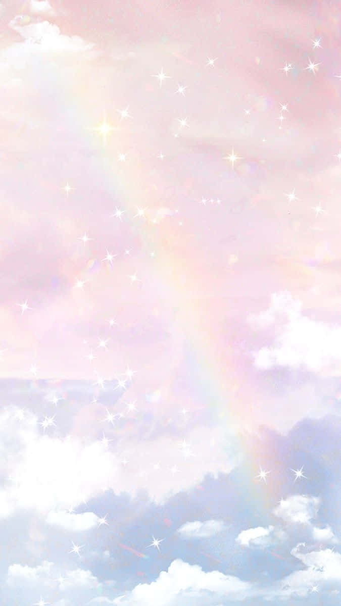 En regnbue i himlen med skyer og stjerner Wallpaper