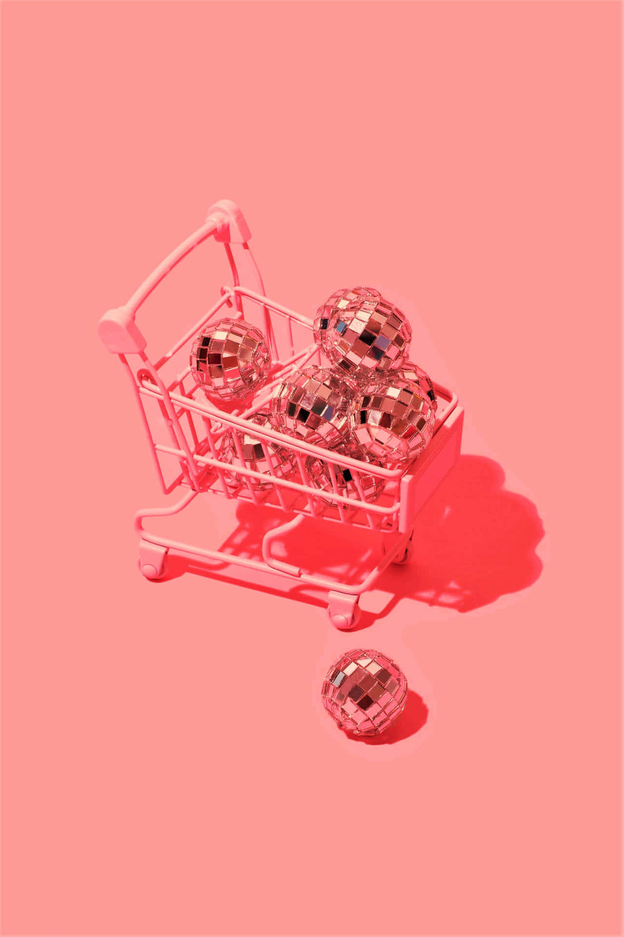A Shopping Cart With Shiny Balls On A Pink Background Wallpaper