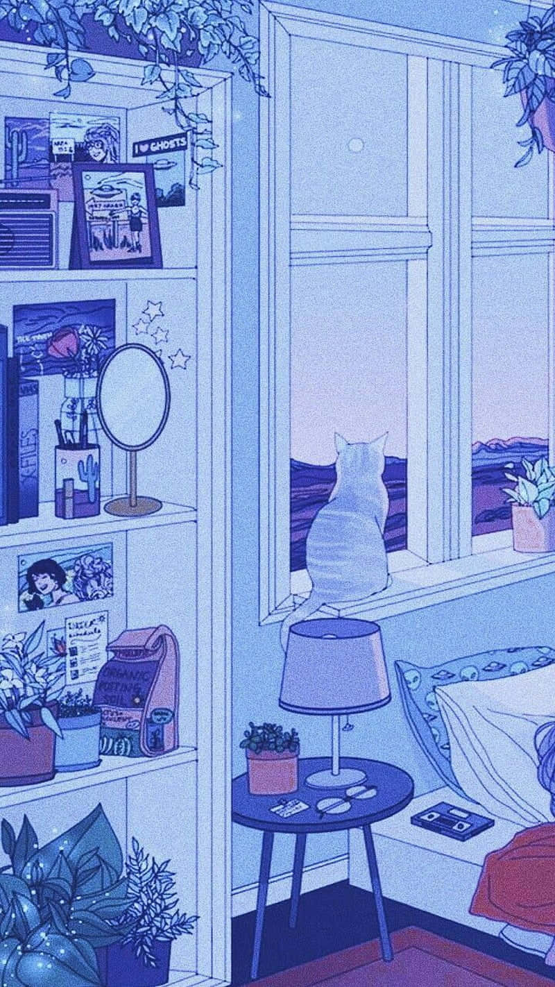 Pastel Retro Anime Aesthetic Roomwith Cat Wallpaper
