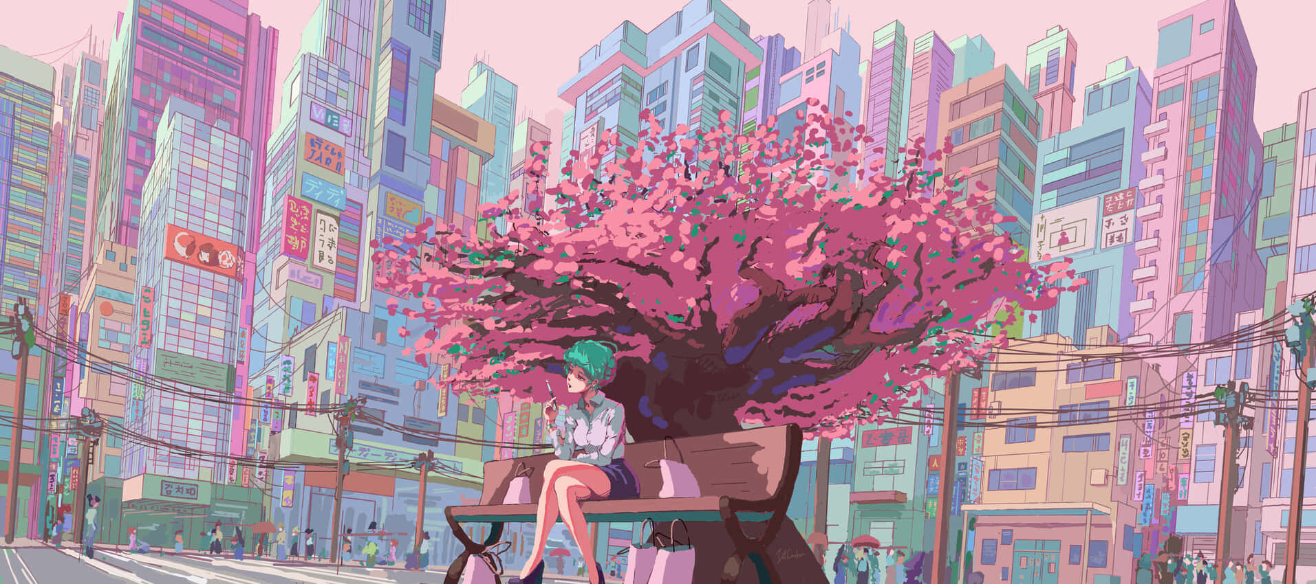 Pastel Retro Anime Cityscapewith Cherry Blossom Wallpaper