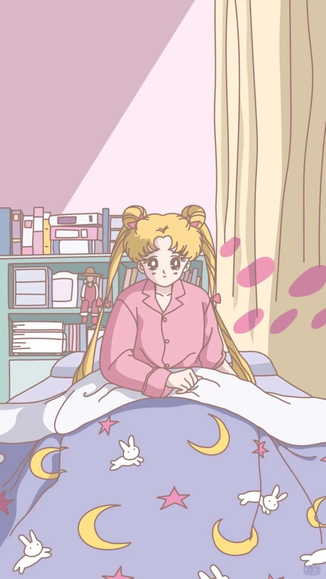 Habitaciónde Sailor Moon Con Tonos Pastel Y Cara Triste. Fondo de pantalla