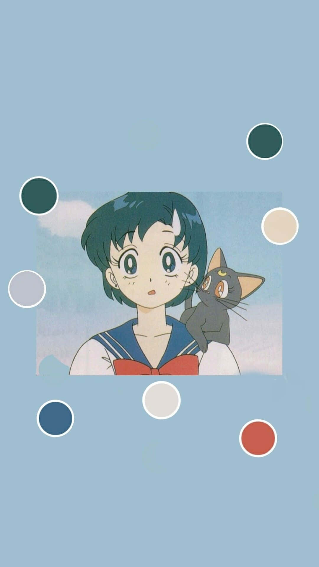 Pastel Sailor Moon Sailor Mercury Luna og Artemis motiver på en blå baggrund. Wallpaper