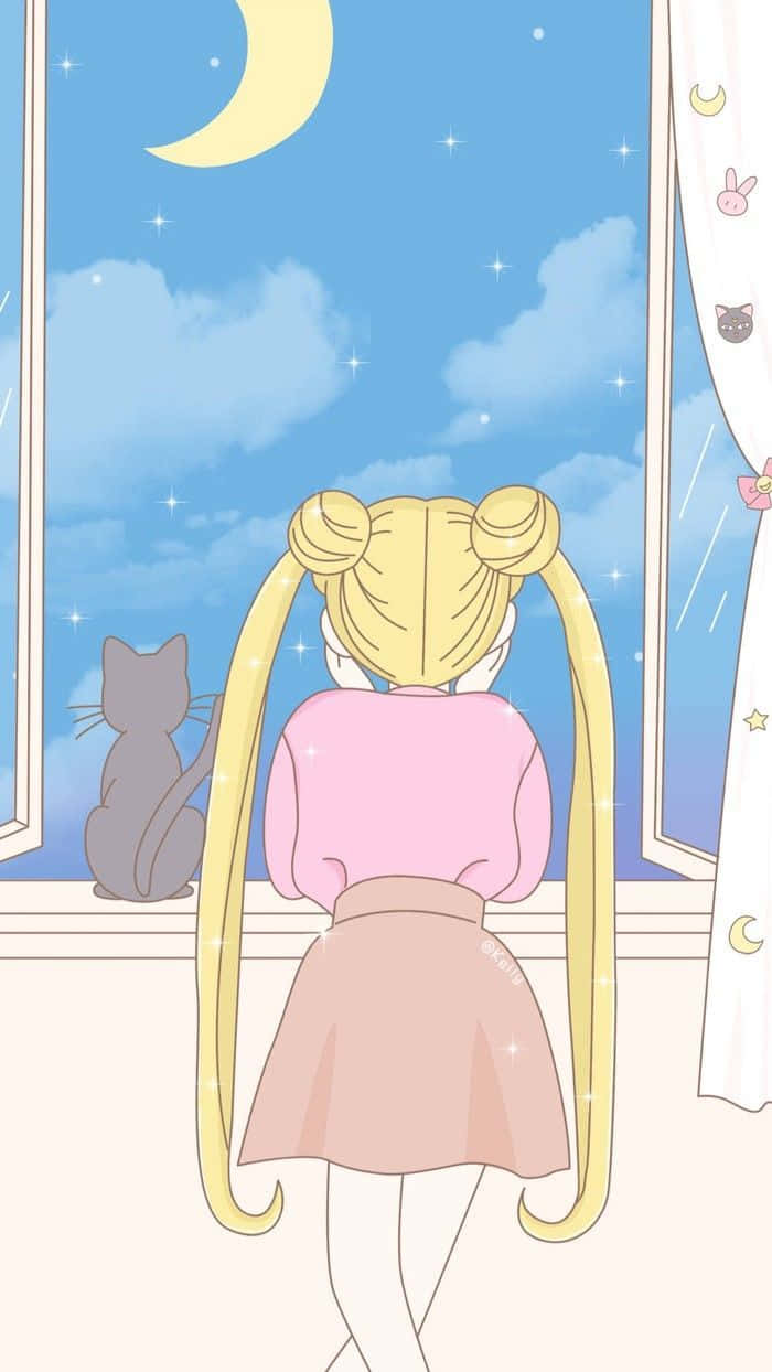 Sailormoon A Tonalità Pastello Ammirando La Luna A Mezzaluna. Sfondo