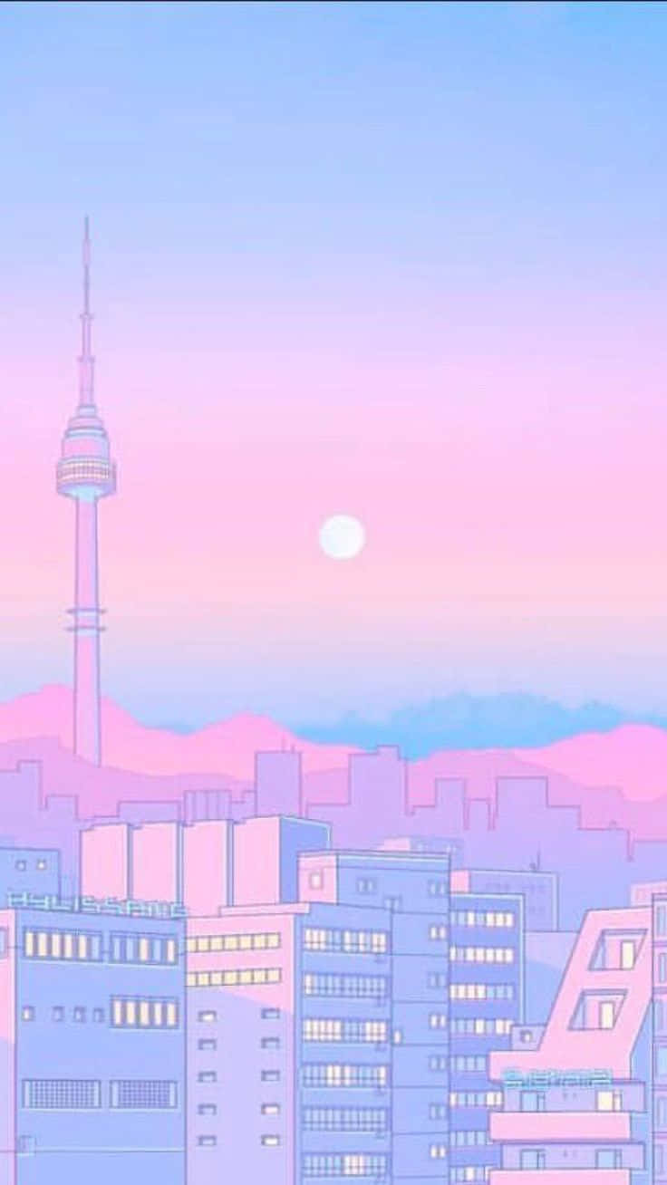 Pastel Skyline Sunset Retro Anime Aesthetic.jpg Wallpaper
