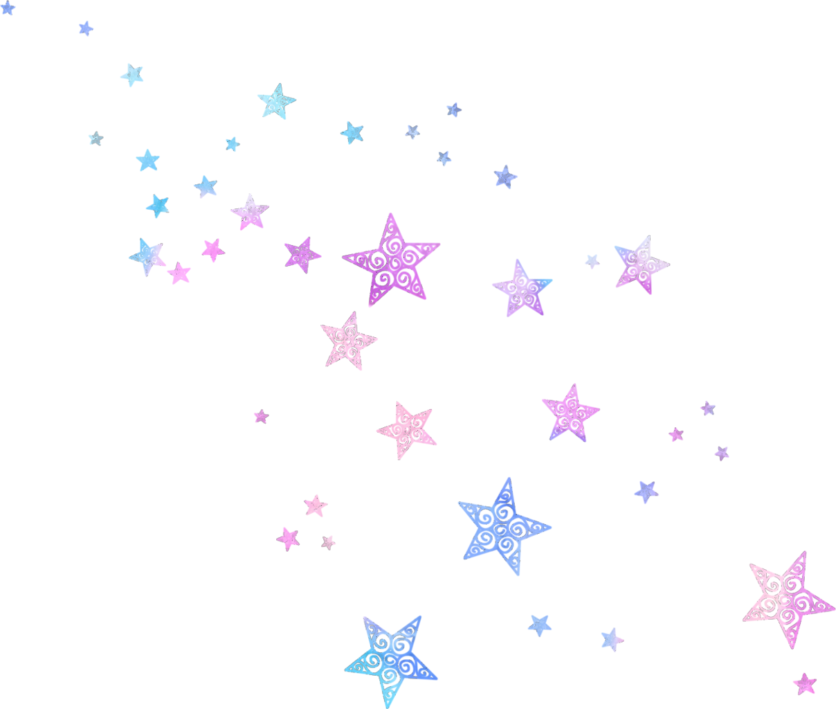 Pastel Stars Pattern PNG — A whimsical scattering of pink and blue stars with swirl patterns floats against a solid black background.