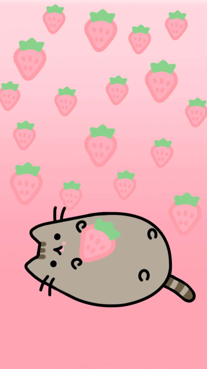 Pastel Strawberry Cat Illustration Wallpaper