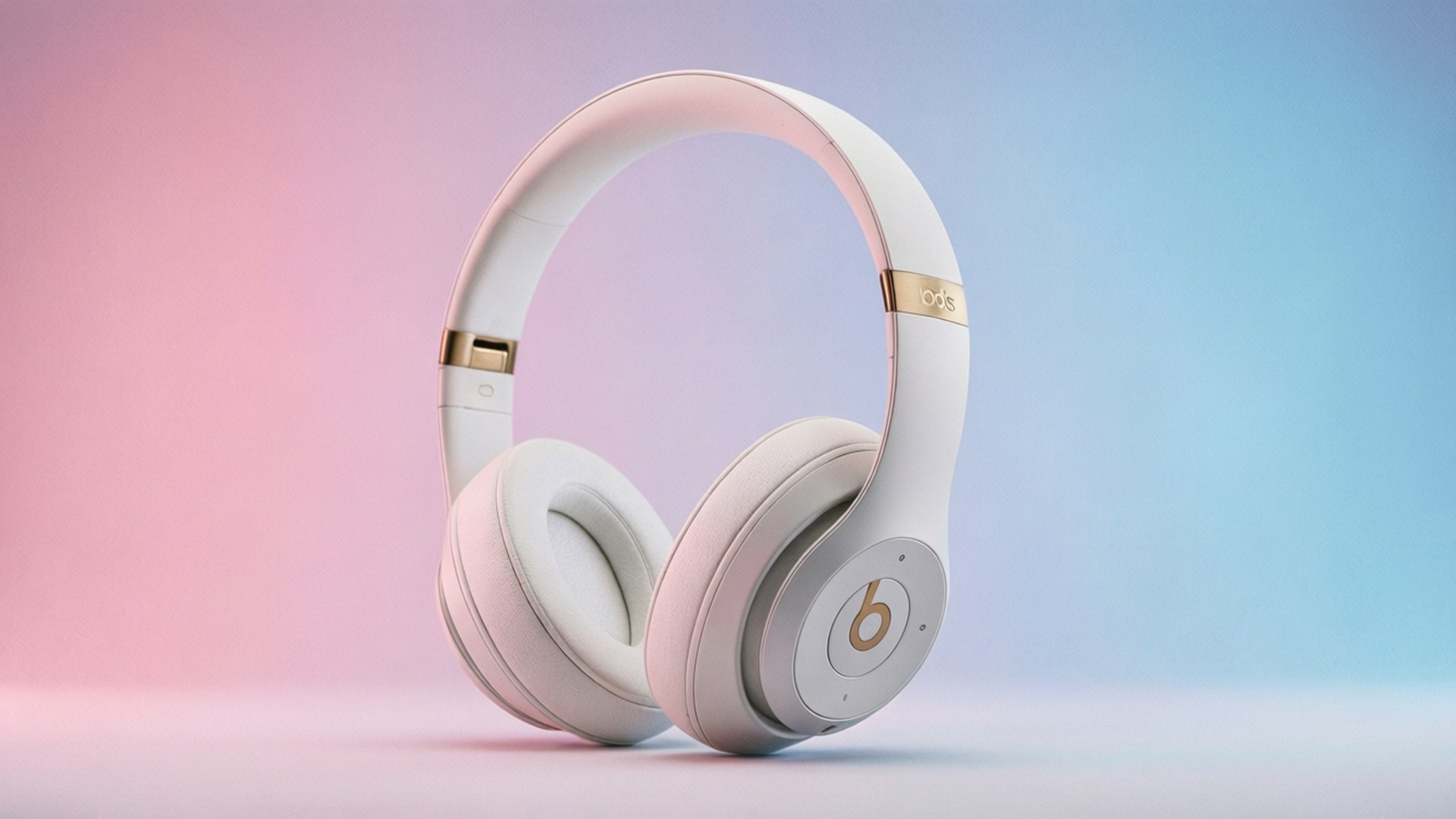 White Studio Wireless headphones on a pastel gradient background.