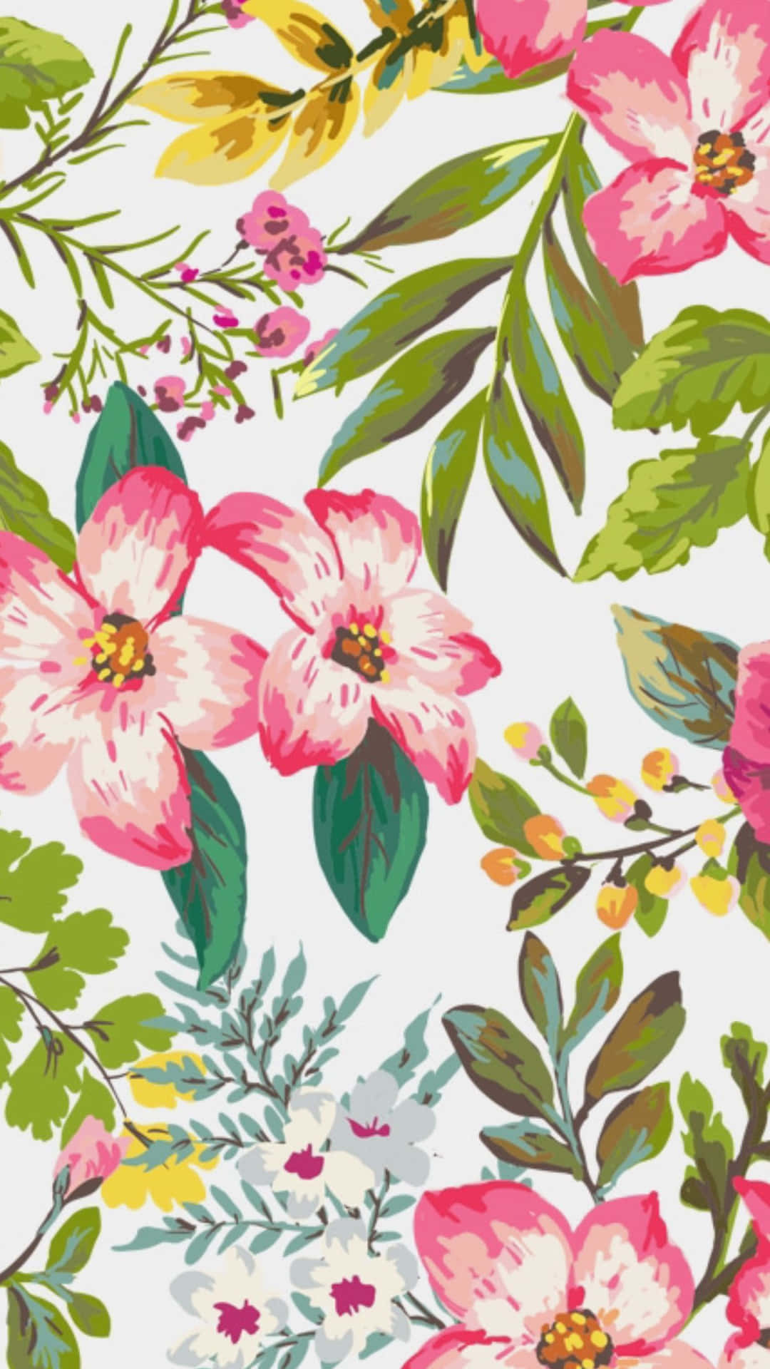 A Pink Floral Pattern With Leaves And Flowers Wallpaper