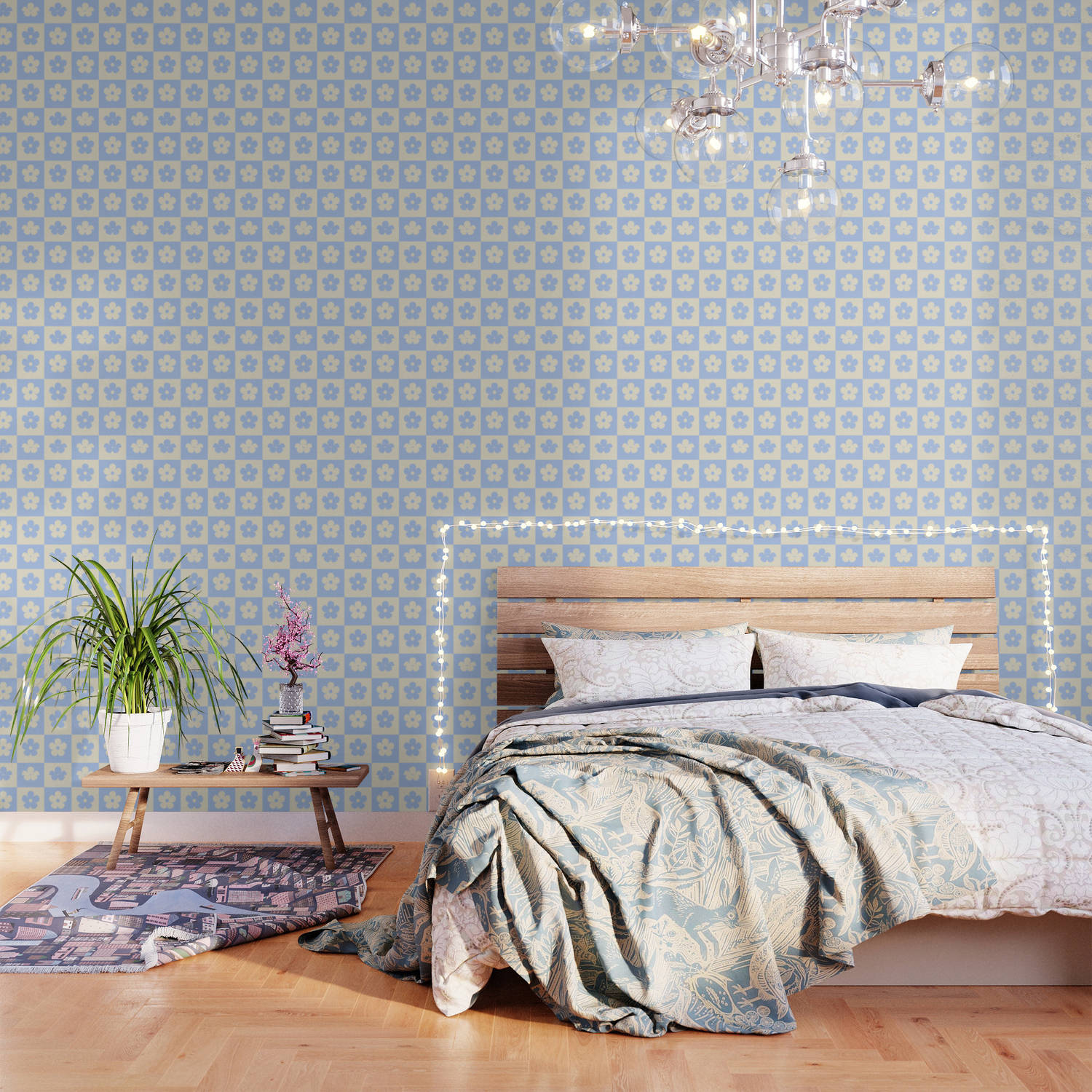 A Bedroom With A Bed And A Lamp Wallpaper