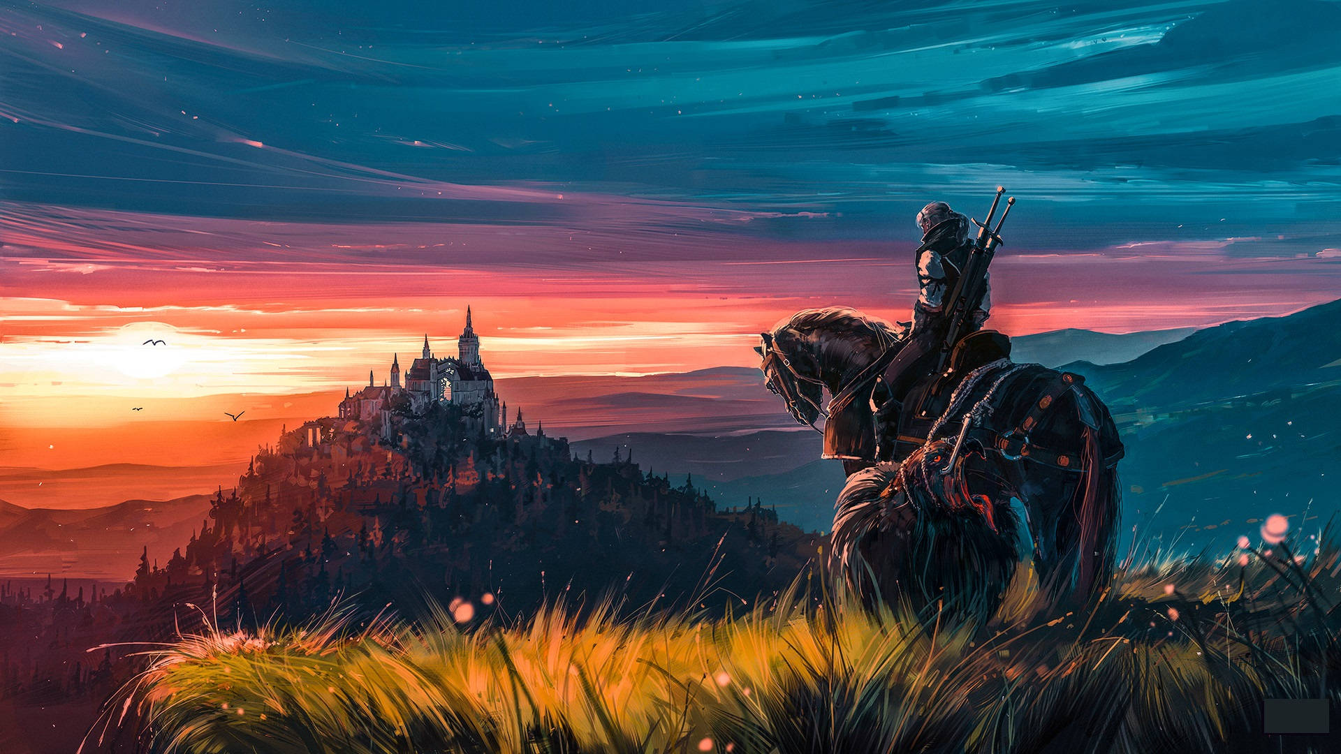 Geralt battles monsters in a pastel-colored world Wallpaper