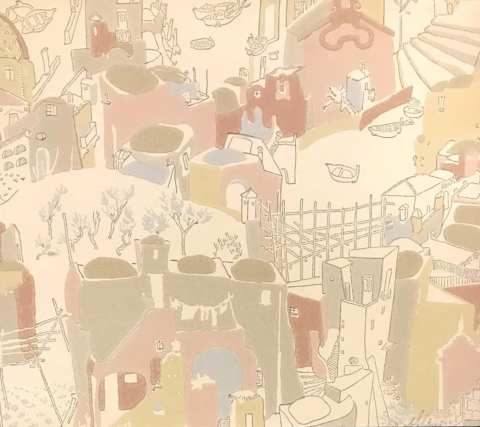 Pastel Toned Spanish Village Illustration Wallpaper