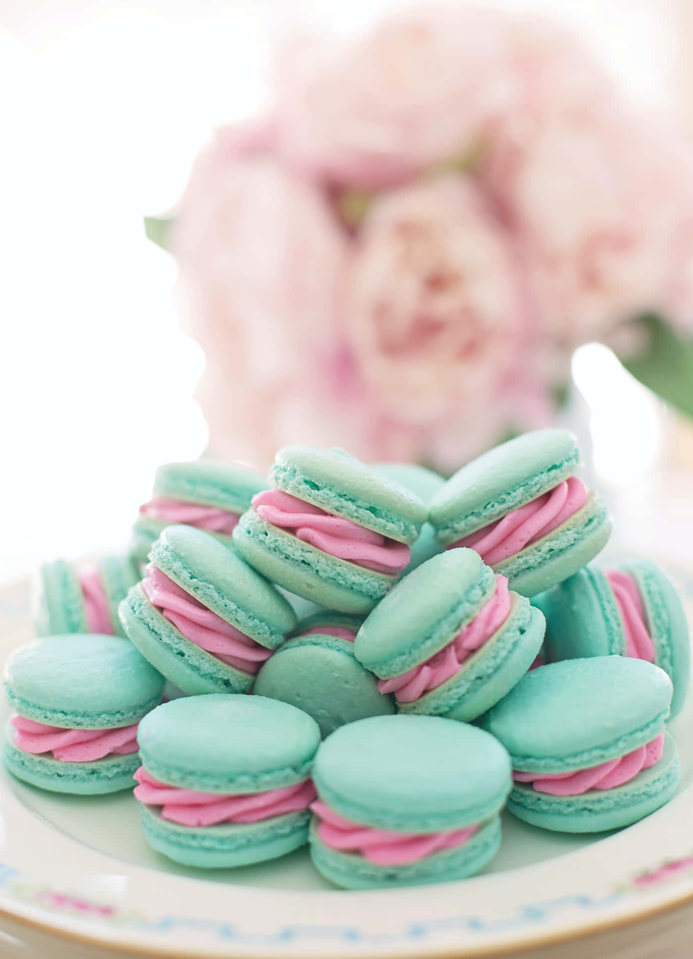 A Plate Of Pink And Blue Macarons On A White Plate Wallpaper