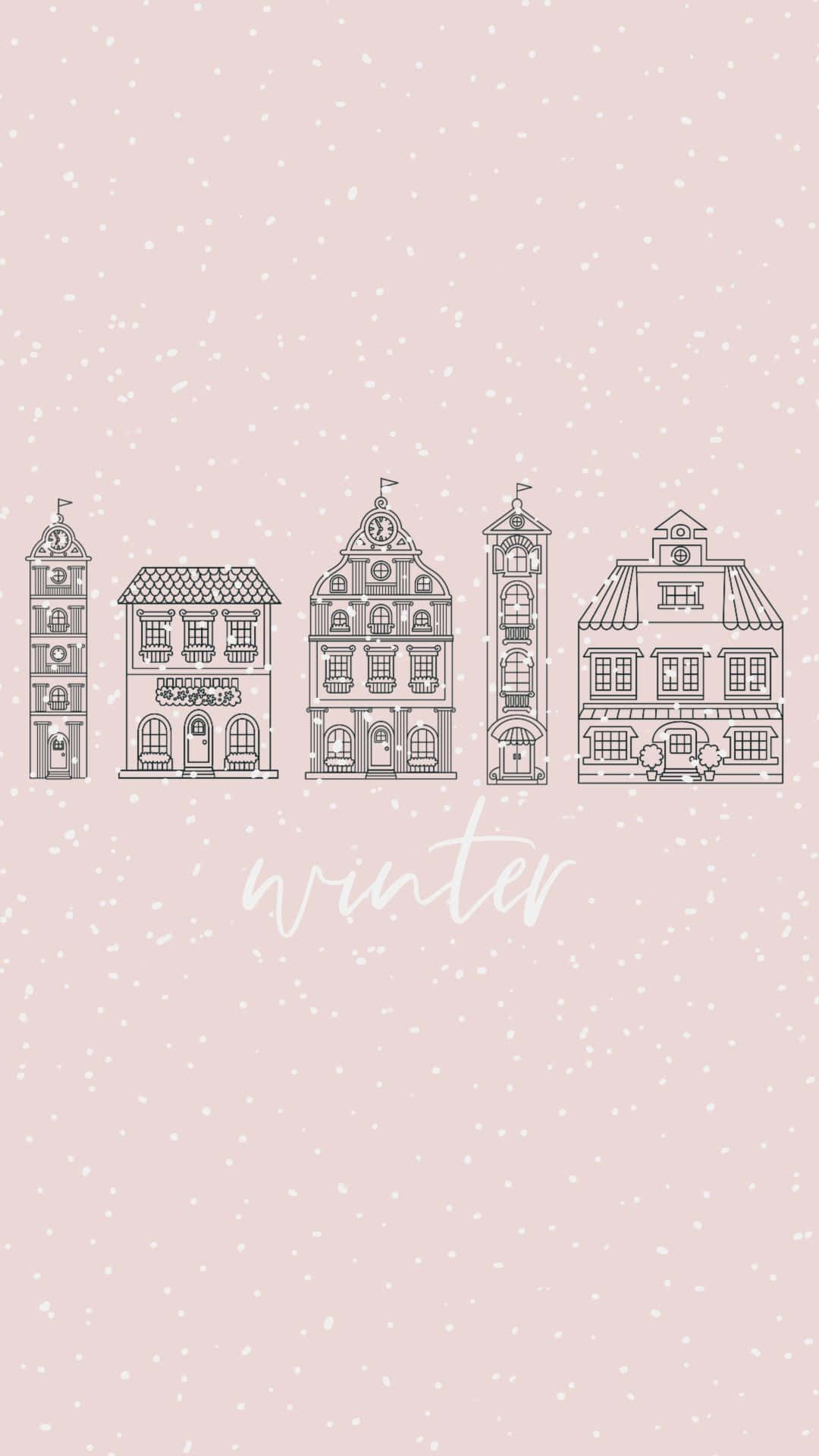 Winter City Buildings On A Pink Background Wallpaper