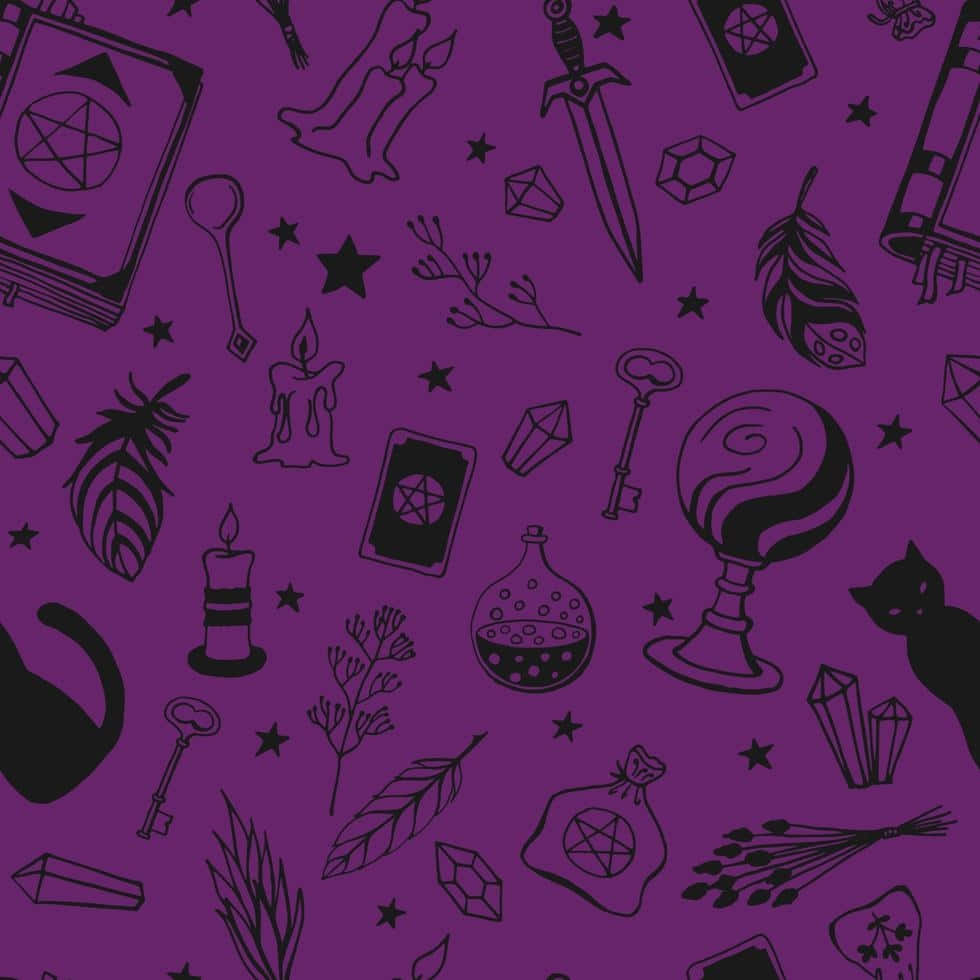 Pastel Witch Pattern Purple Background Wallpaper
