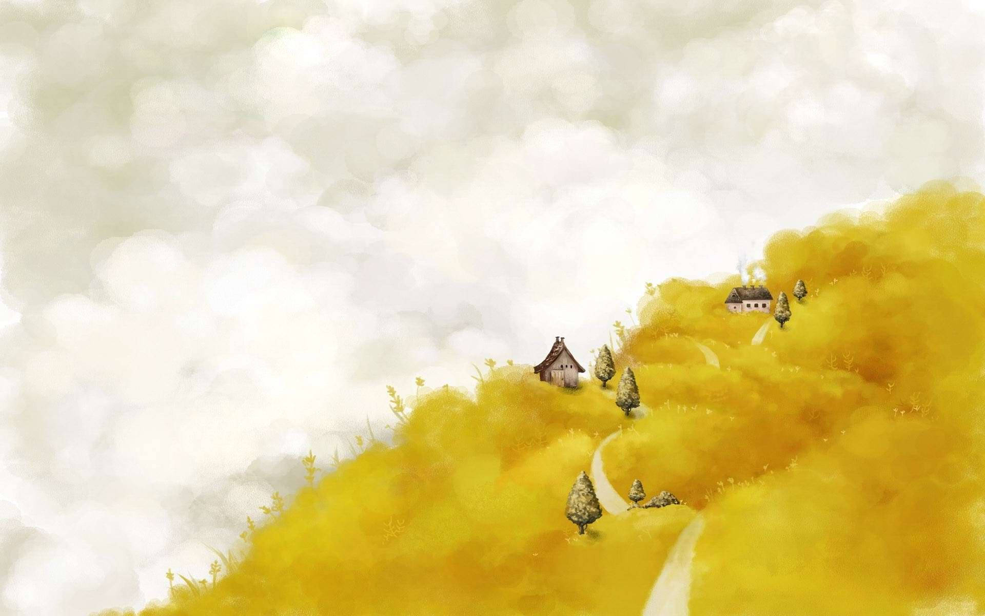 Pastel Yellow Autumn Fantasy Mountain Art Wallpaper