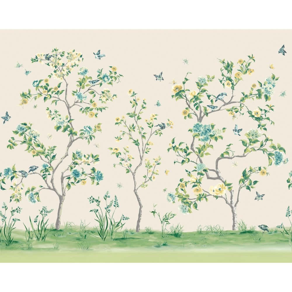 Pastoral_ Tree_ Mural_with_ Birds_and_ Butterflies Wallpaper