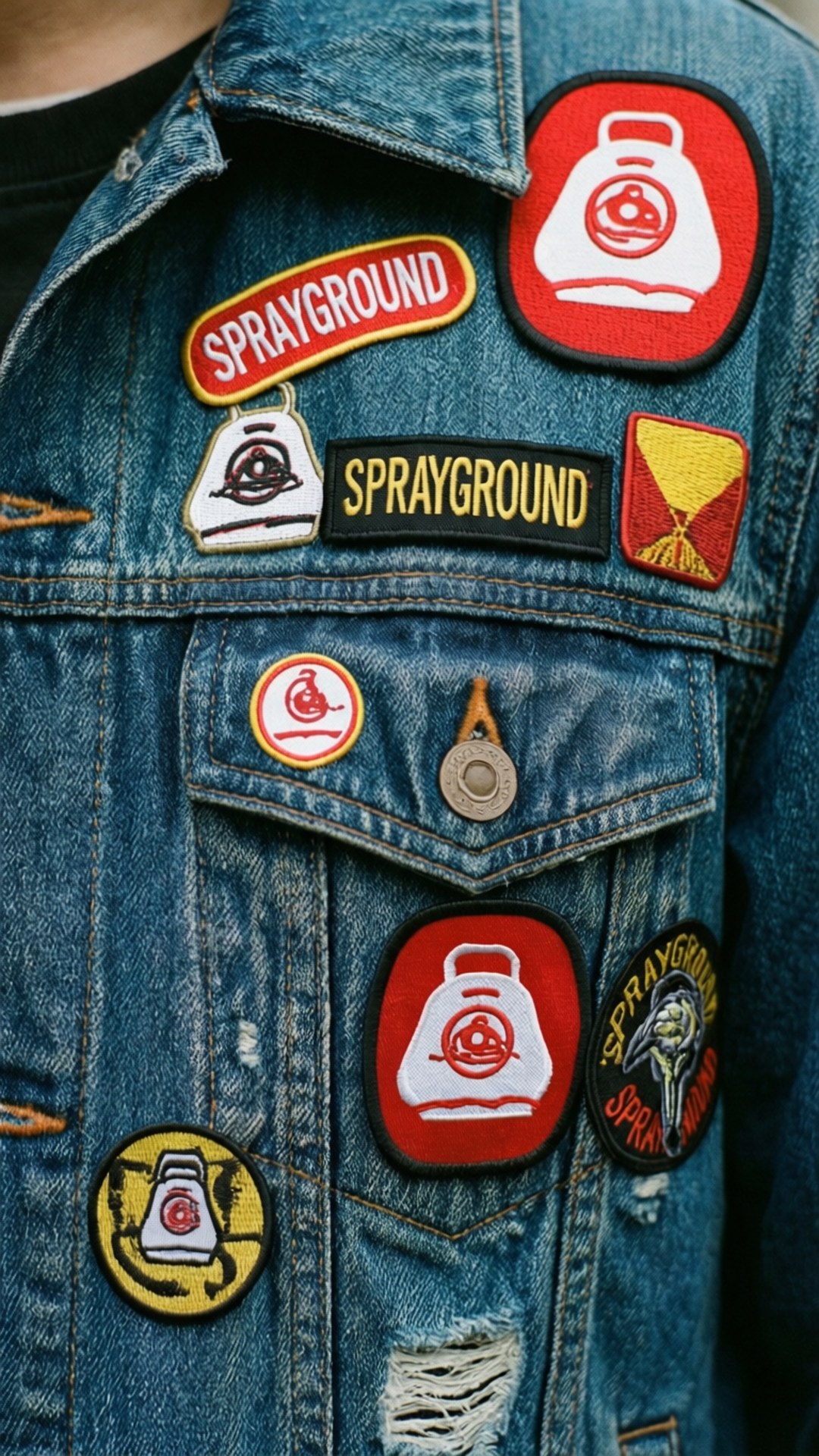 Nærbilde av Sprayground-lapper og klistremerker på en denimjakke.