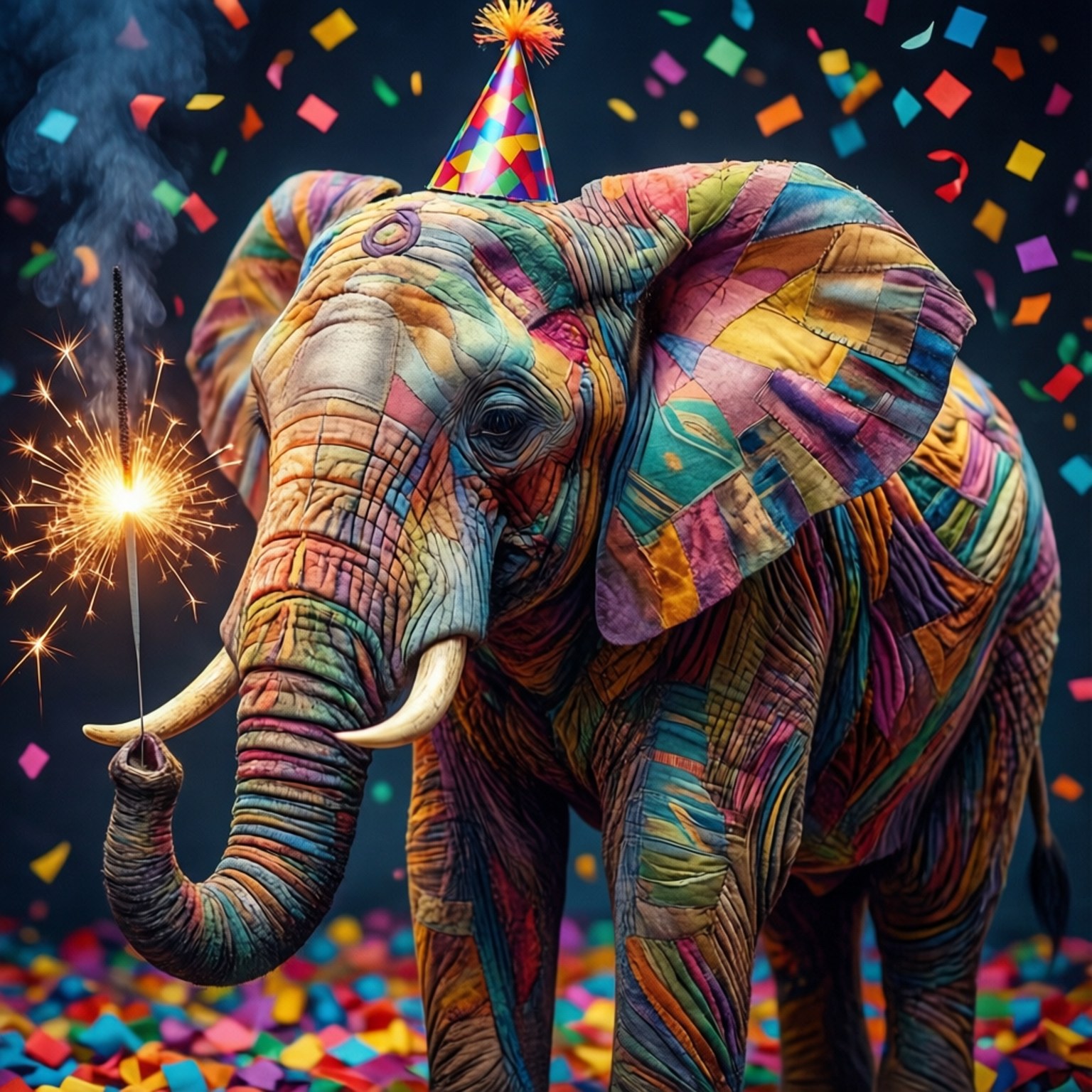 Um elefante de patchwork celebrando com um sparkler e confete.