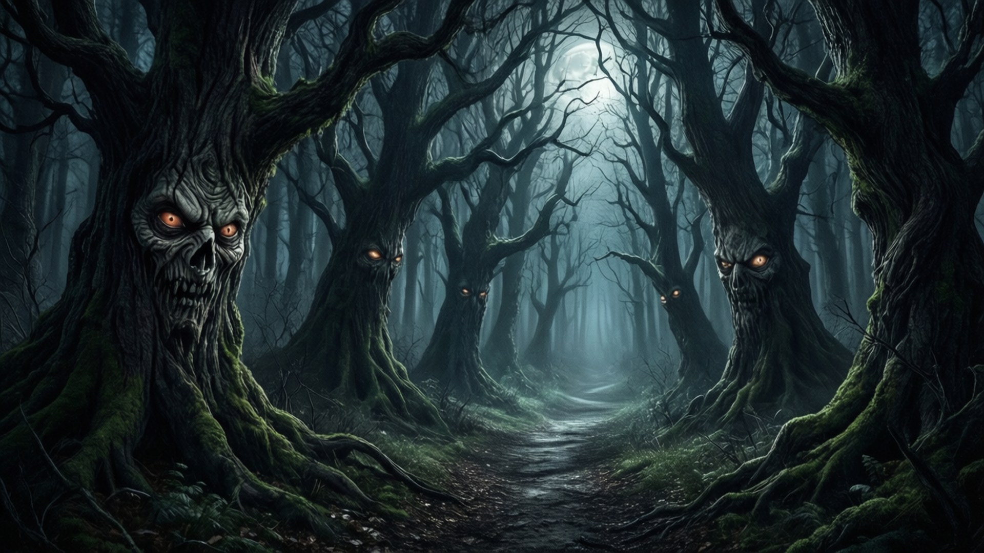 A hauntingly beautiful dark forest path