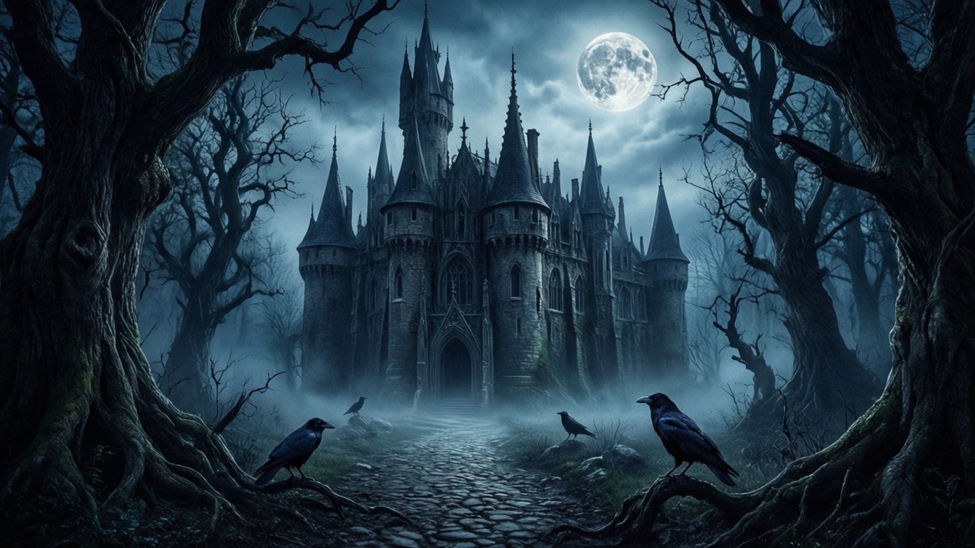 En slingrande väg genom skogen till Draculas slott.