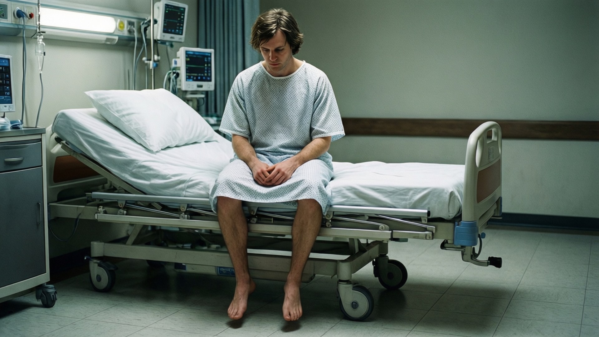 Elliot in a hospital gown, isolated and vulnerable.