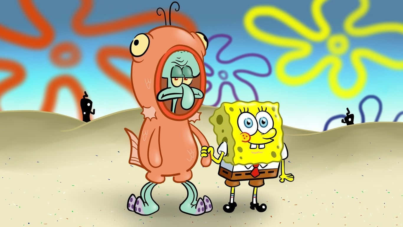 Spongebob Squarepants And A Cartoon Character Standing In The Sand Wallpaper