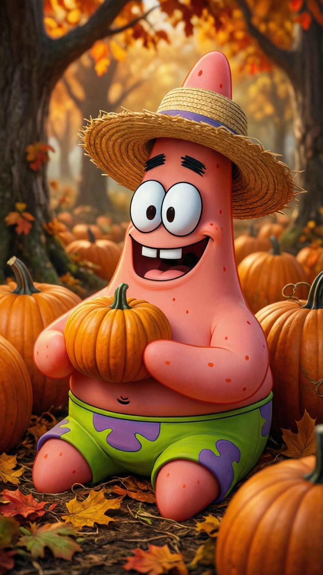 Patrick Star i græskarhaven Wallpapers — Et hyggeligt efterårs tapet af Patrick Star blandt græskar.