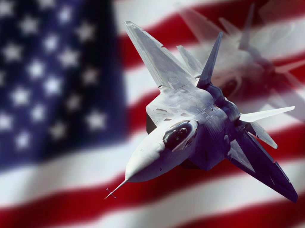 Lockheedmartin F 22 Raptor Patriotische Militär - This Would Be A Possible Translation For A Computer Or Mobile Wallpaper Related To The Lockheed Martin F 22 Raptor Fighter Jet That Features A Patriotic Military Theme. Wallpaper
