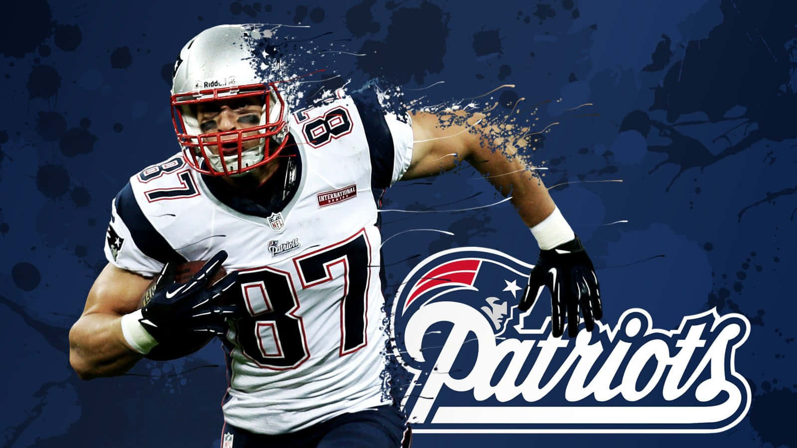 New England Patriots logo on a vibrant abstract background