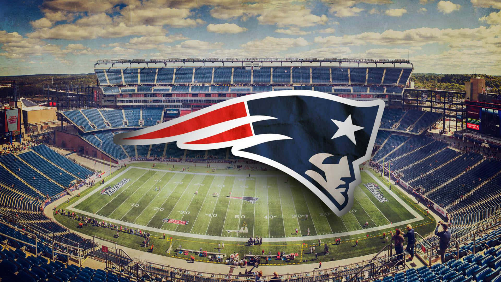 New England Patriots Team Logo on a Blue Geometric Background