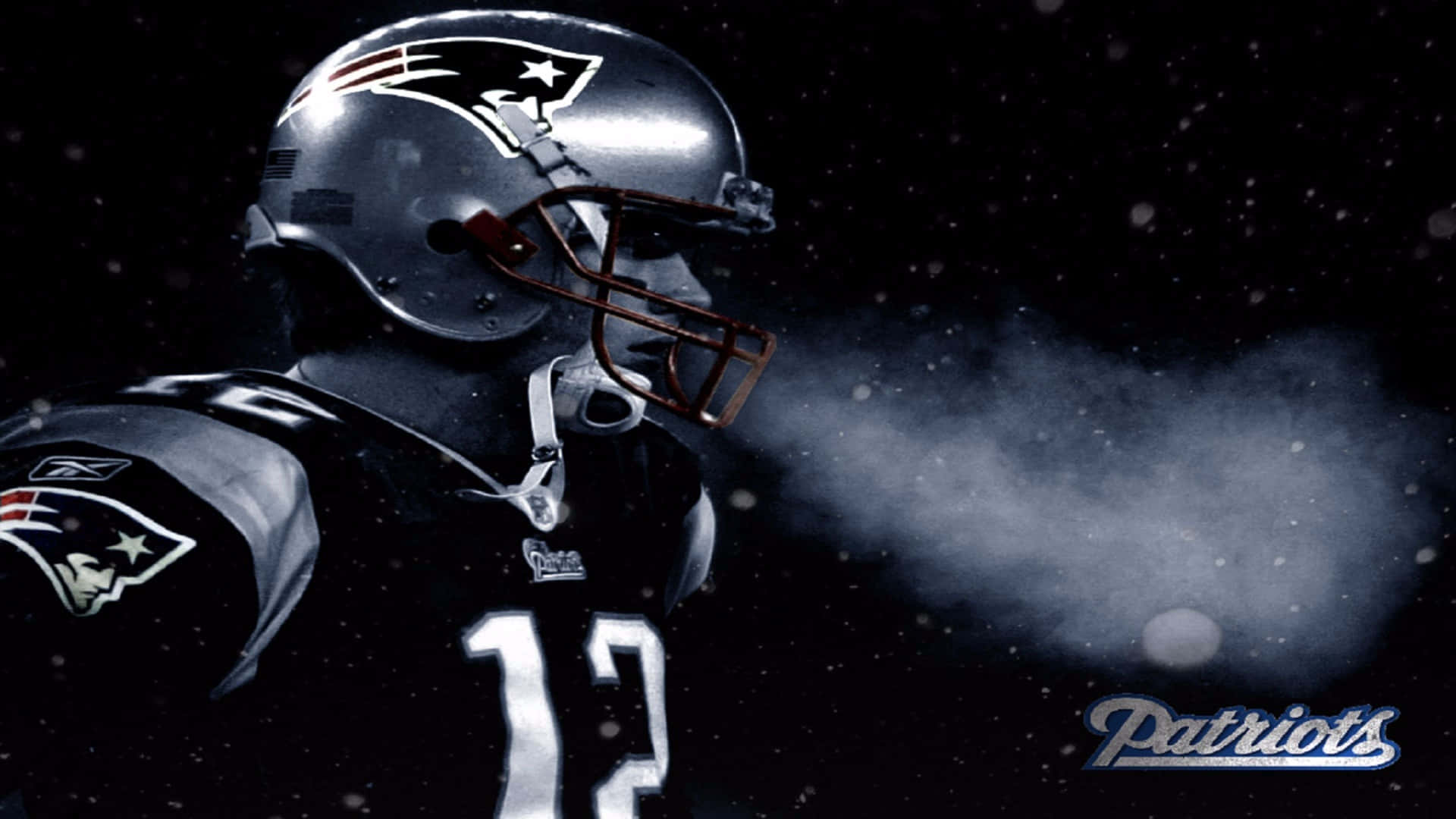 New England Patriots team logo on a blue background with a digital design