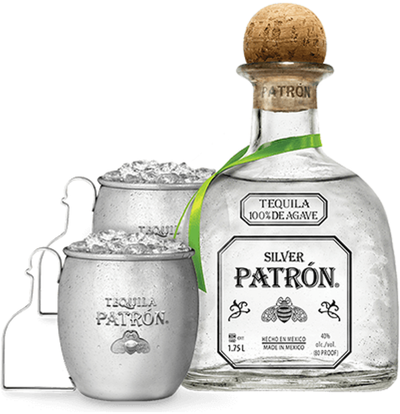 Patron Silver Tequila Bottleand Cups PNG