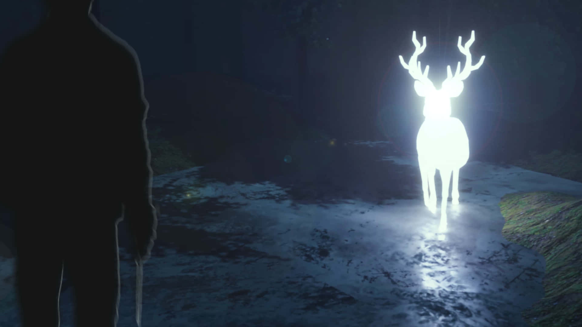 A majestic stag Patronus glowing in a dark forest Wallpaper