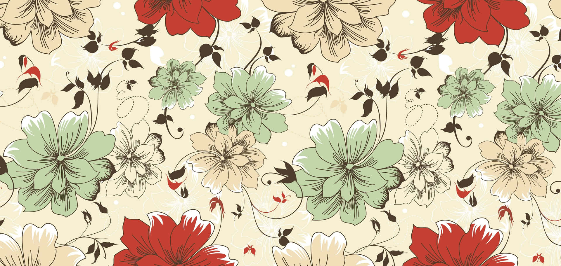 A Floral Pattern With Red, Green, And Brown Flowers Wallpaper