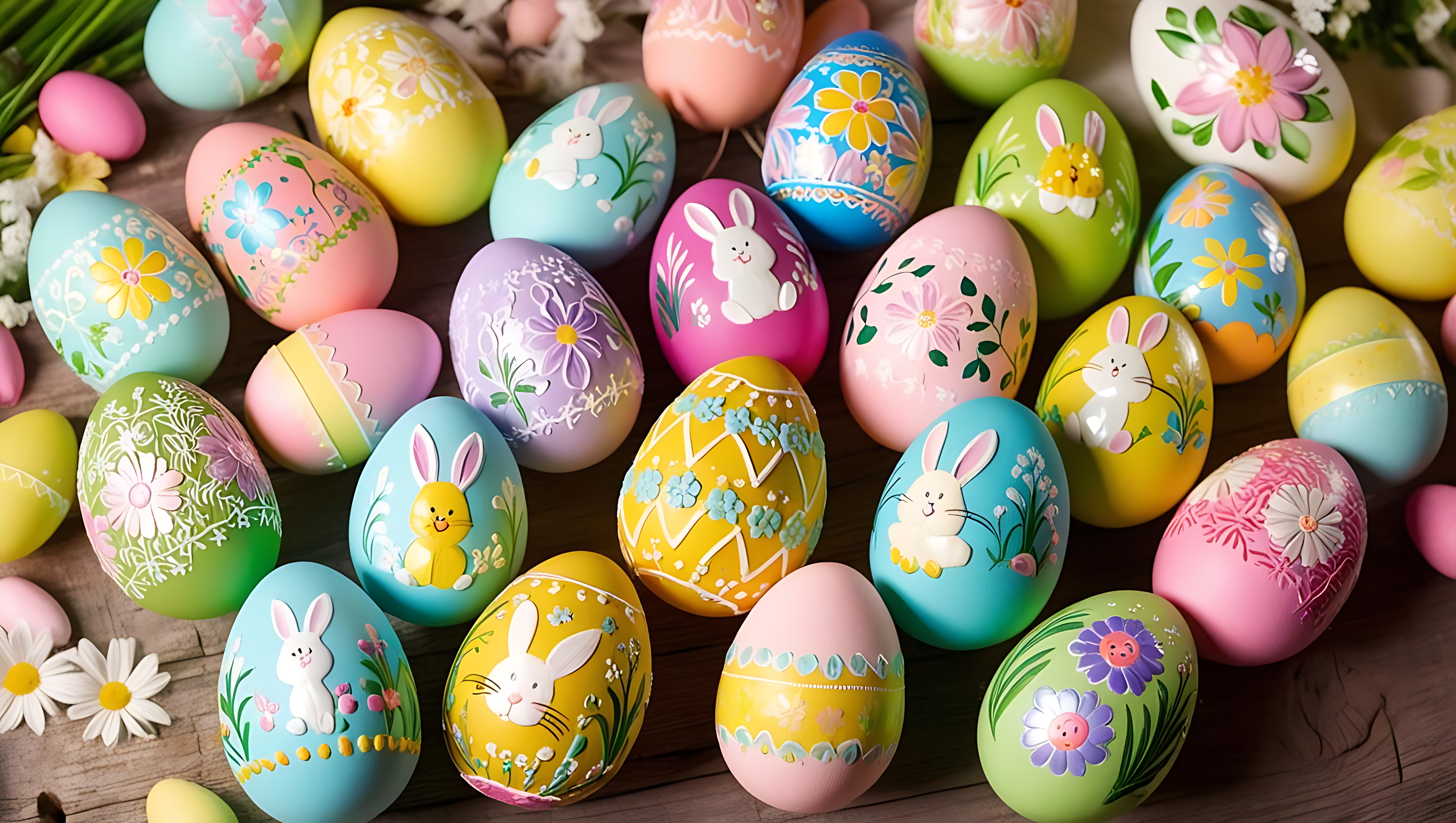Patterned pastel Easter eggs PNG — Vibrant hand-painted Easter eggs with bunny and floral designs scattered on a rustic wooden surface.