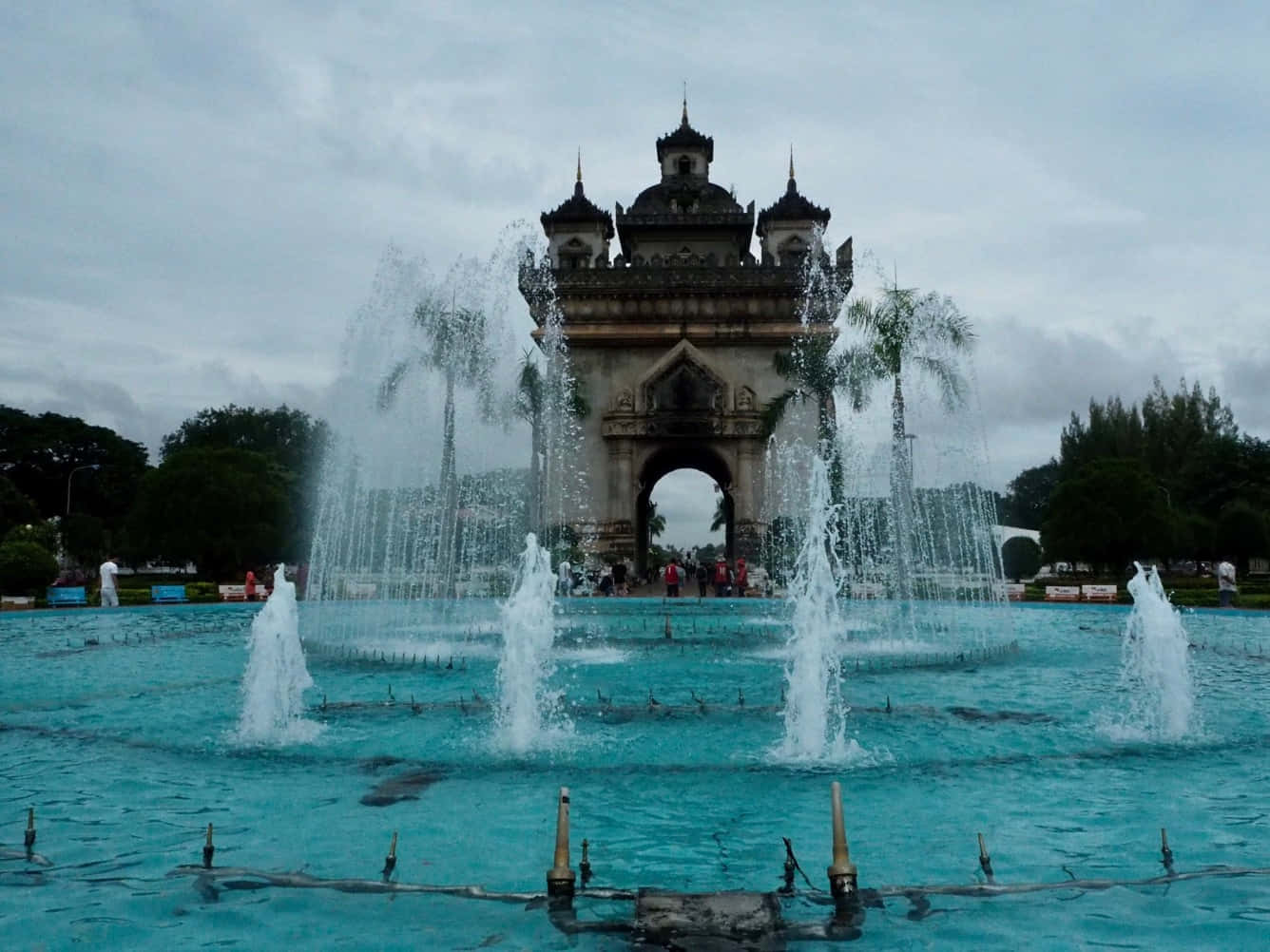 Patuxai Monument With Blue Fountain Wallpaper