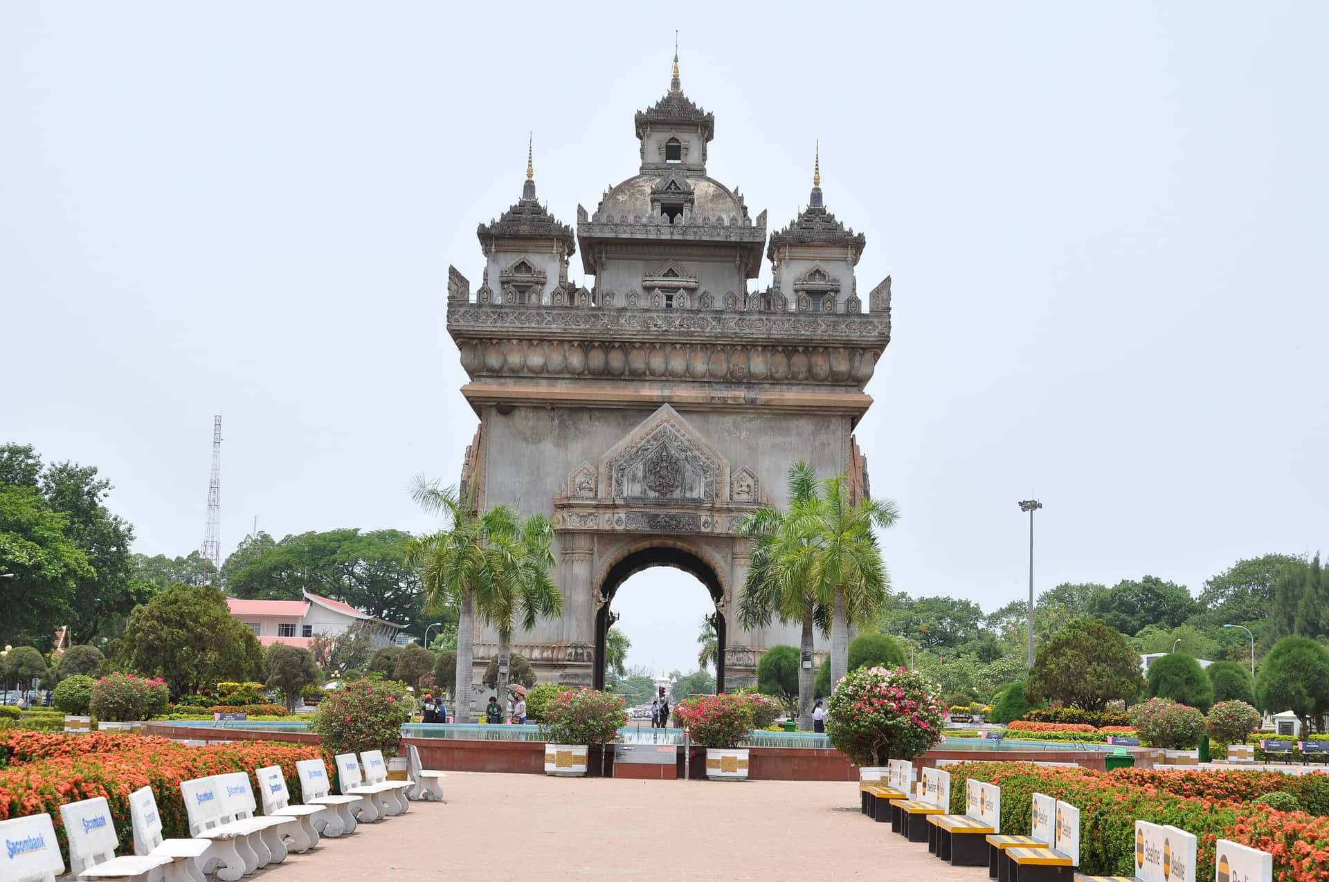 Patuxai Monument With Chairs In Front Wallpaper